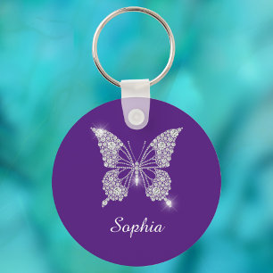 White Diamond Butterfly, DIY Name, Royal Paars Sleutelhanger