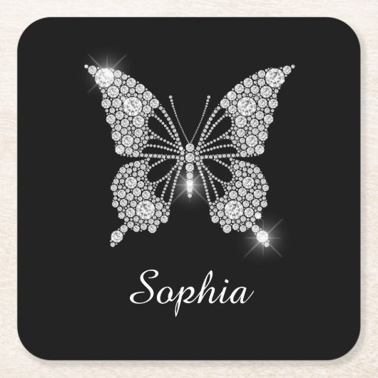 White Diamond Butterfly, DIY Script Name, Black Kartonnen Onderzetters (Voorkant)