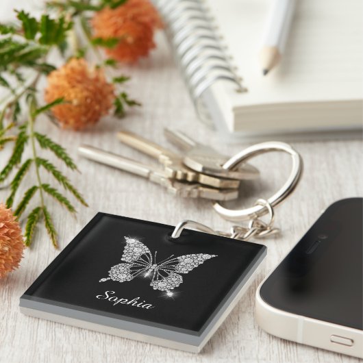 White Diamond Butterfly, DIY Script Name, Black Sleutelhanger (Voorkant Rechts)