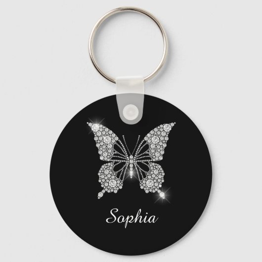 White Diamond Butterfly, DIY Script Name, Black Sleutelhanger (Voorkant)