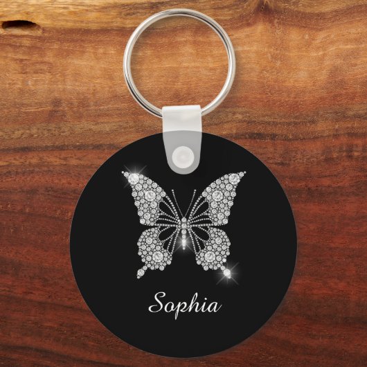 White Diamond Butterfly, DIY Script Name, Black Sleutelhanger (Voorkant)