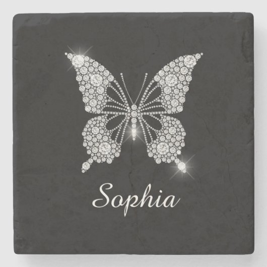 White Diamond Butterfly, DIY Script Name, Black Stenen Onderzetter (Voorkant)