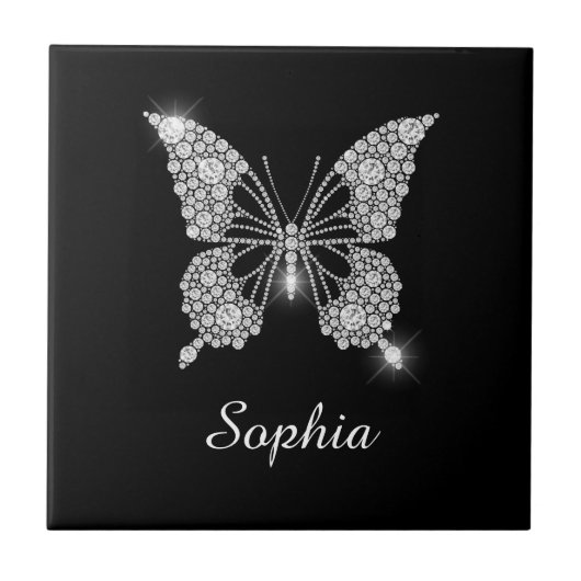 White Diamond Butterfly, DIY Script Name, Black Tegeltje (Voorkant)