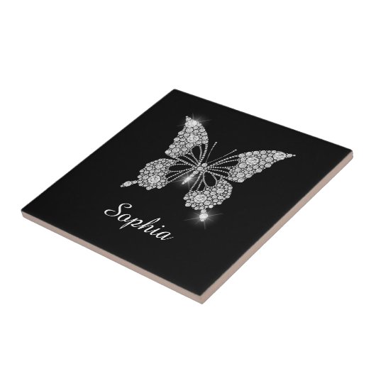 White Diamond Butterfly, DIY Script Name, Black Tegeltje (Zijkant)