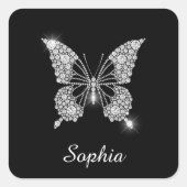 White Diamond Butterfly, DIY Script Name, Black Vierkante Sticker (Voorkant)