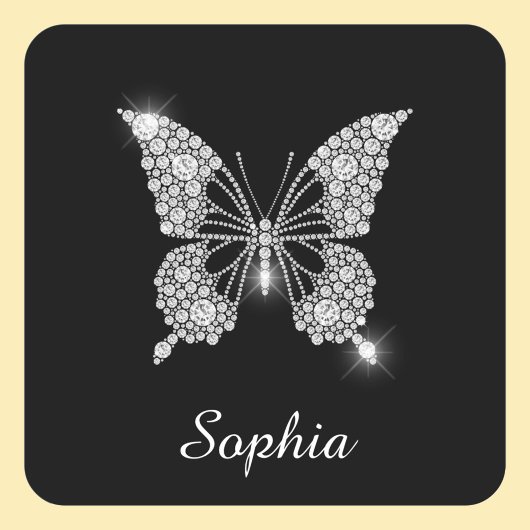 White Diamond Butterfly, DIY Script Name, Black Vierkante Sticker