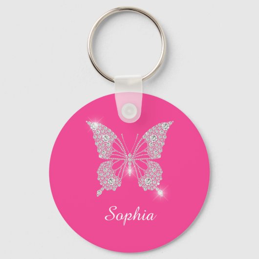 White Diamond Butterfly, DIY Script Name, Fuchsia Sleutelhanger (Voorkant)