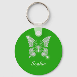 White Diamond Butterfly, DIY Script Name, Green Sleutelhanger