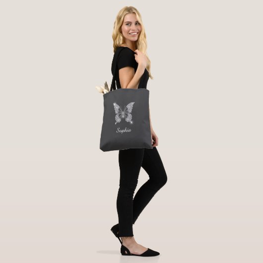White Diamond Butterfly, Script Name, Dark Grey Tote Bag (Op model)