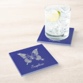 White Diamond Butterfly, Script Name, Deep Blue Glazen Onderzetter (Schuin)