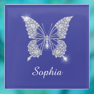 White Diamond Butterfly, Script Name, Deep Blue Glazen Onderzetter