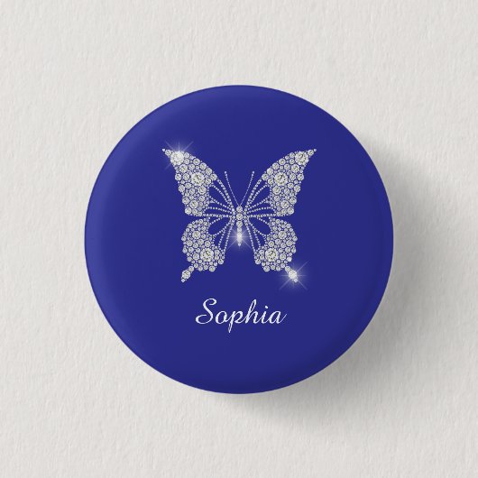 White Diamond Butterfly, Script Name, Deep Blue Ronde Button 3,2 Cm (Voorkant)