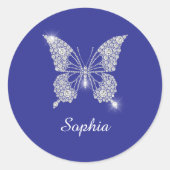 White Diamond Butterfly, Script Name, Deep Blue Ronde Sticker (Voorkant)