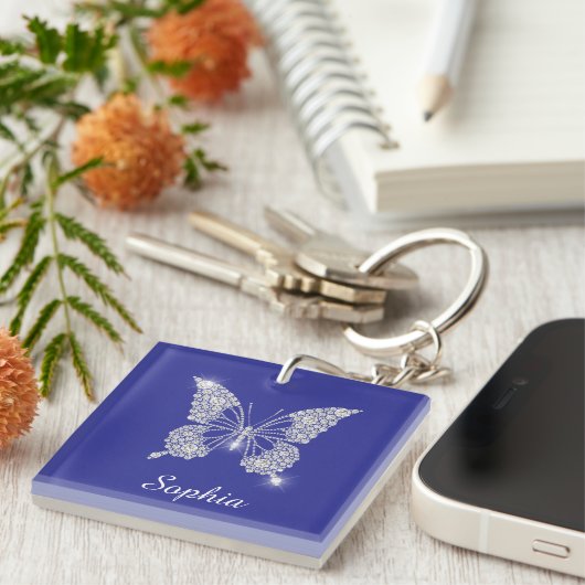 White Diamond Butterfly, Script Name, Deep Blue Sleutelhanger (Voorkant Rechts)