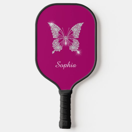 White Diamond Butterfly, Script Name, Deep Fuchsia Pickleball Paddle (Achterkant)