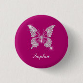 White Diamond Butterfly, Script Name, Deep Fuchsia Ronde Button 3,2 Cm (Voorkant)