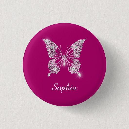 White Diamond Butterfly, Script Name, Deep Fuchsia Ronde Button 3,2 Cm (Voorkant)
