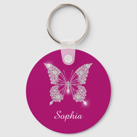 White Diamond Butterfly, Script Name, Deep Fuchsia Sleutelhanger (Voorkant)