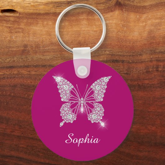 White Diamond Butterfly, Script Name, Deep Fuchsia Sleutelhanger (Voorkant)