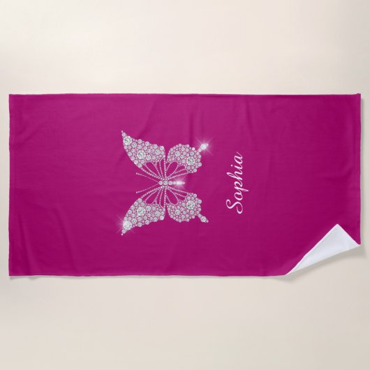 White Diamond Butterfly, Script Name, Deep Fuchsia Strandlaken (Voorkant)