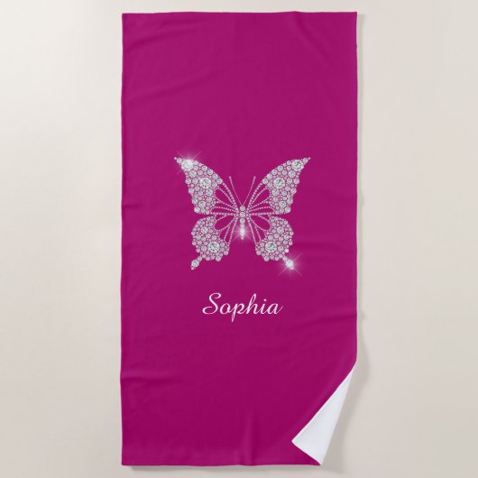 White Diamond Butterfly, Script Name, Deep Fuchsia Strandlaken (Voorkant)