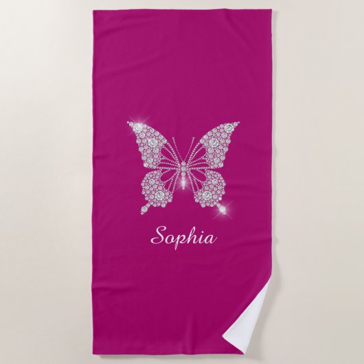 White Diamond Butterfly, Script Name, Deep Fuchsia Strandlaken (Voorkant)