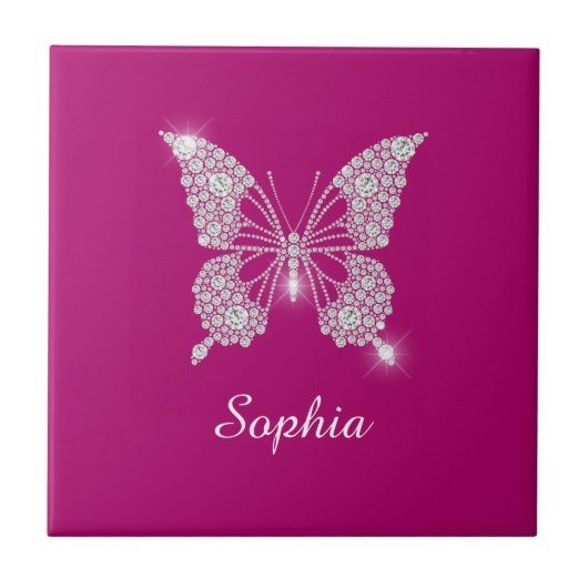 White Diamond Butterfly, Script Name, Deep Fuchsia Tegeltje (Voorkant)