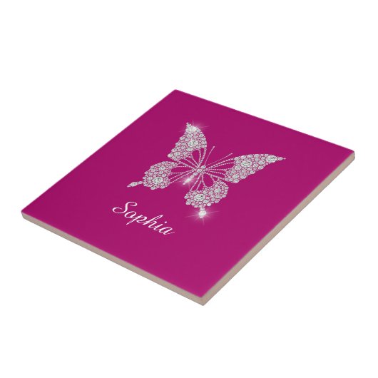 White Diamond Butterfly, Script Name, Deep Fuchsia Tegeltje (Zijkant)