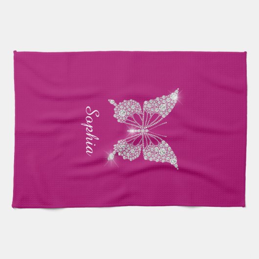 White Diamond Butterfly, Script Name, Deep Fuchsia Theedoek (Horizontaal)