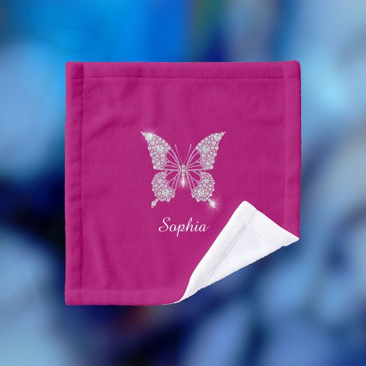White Diamond Butterfly, Script Name, Deep Fuchsia Washandje
