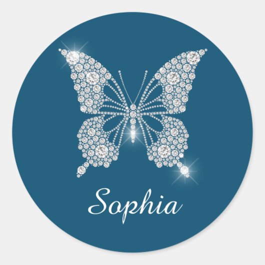 White Diamond Butterfly, Script Name, Ocean Blue Ronde Sticker (Voorkant)