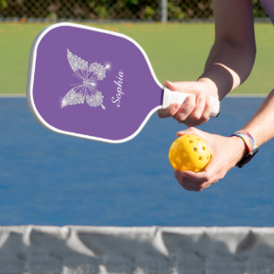 White Diamond Butterfly, Script Name, Paars Pickleball Paddle