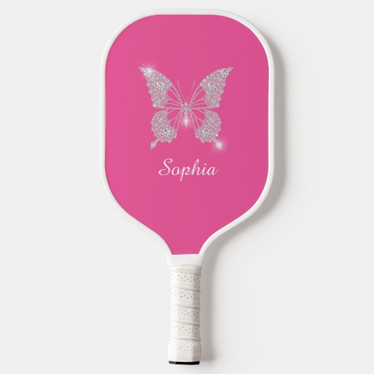 White Diamond Butterfly, Script Name, Pink Pickleball Paddle (Achterkant)