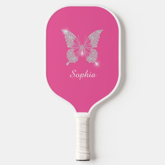White Diamond Butterfly, Script Name, Pink Pickleball Paddle (Voorkant)