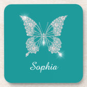 White Diamond Butterfly, scriptnaam, diep Blauwgro Bier Onderzetter (Voorkant)
