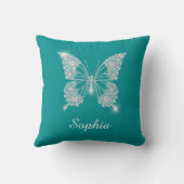 White Diamond Butterfly, scriptnaam, diep Blauwgro Kussen (Achterkant)