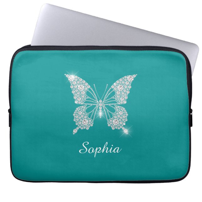 White Diamond Butterfly, scriptnaam, diep Blauwgro Laptop Sleeve (Voorkant)