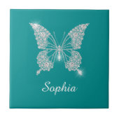 White Diamond Butterfly, scriptnaam, diep Blauwgro Tegeltje (Voorkant)