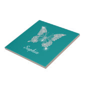 White Diamond Butterfly, scriptnaam, diep Blauwgro Tegeltje (Zijkant)
