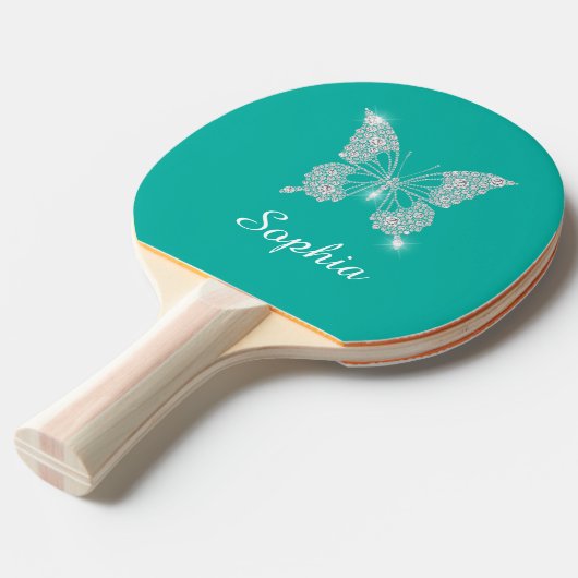 White Diamond Butterfly Sparkle Script Name, Blauw Tafeltennisbatje (Voorkant Gekanteld)