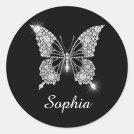 White Diamond Butterfly, White Script Name, Ronde Sticker