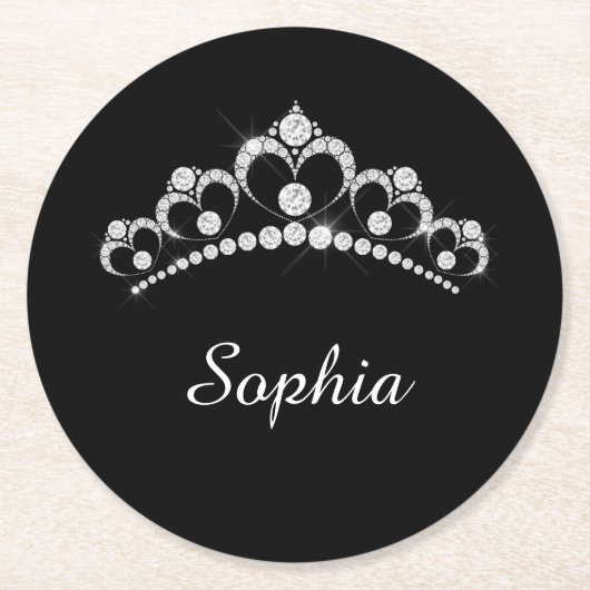 White Diamond Crown, DIY Script Name, Black Ronde Kartonnen Onderzetter (Voorkant)