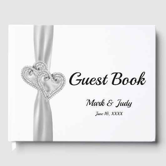 White Diamond Hearts Bruiloft Gastenboek (Voorkant)