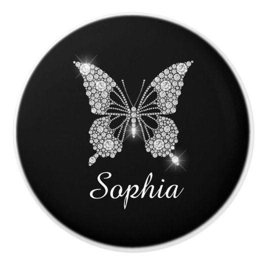 White Diamonds Butterfly, DIY Script Name, Black Keramische Knop (Voorkant)