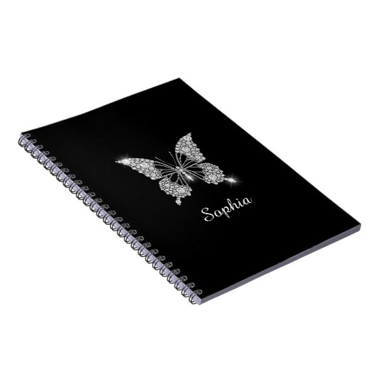 White Diamonds Butterfly, DIY Script Name, Black Notitieboek (Rechterzijde)