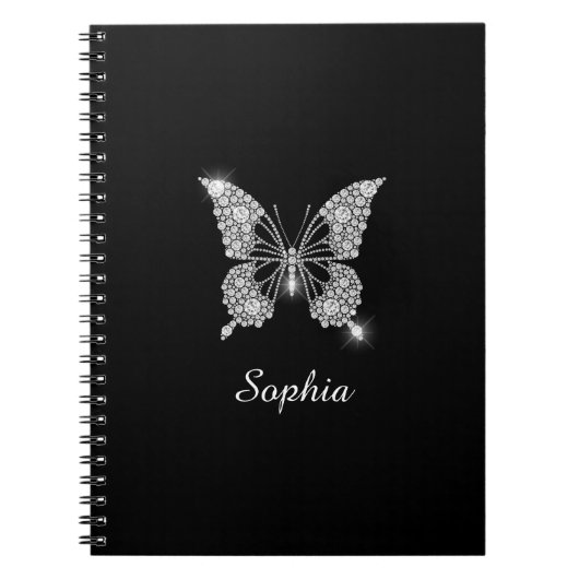 White Diamonds Butterfly, DIY Script Name, Black Notitieboek (Voorkant)