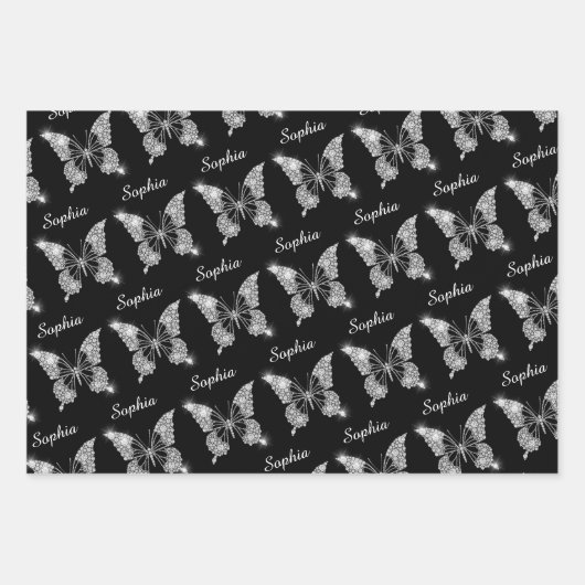 White Diamonds Butterfly, Sparkle, DIY Name, Black Inpakpapier Vel (Voorkant)