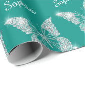 White Diamonds Butterfly Sparkle Script Naam, Blau Cadeaupapier (Rol Hoek)