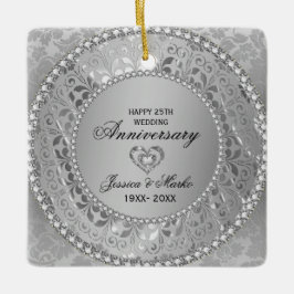 White Diamonds en Silver Damask 25 Jubileum Keramisch Ornament