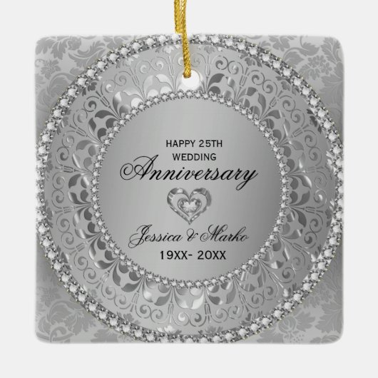 White Diamonds en Silver Damask 25 Jubileum Keramisch Ornament (Voorkant)